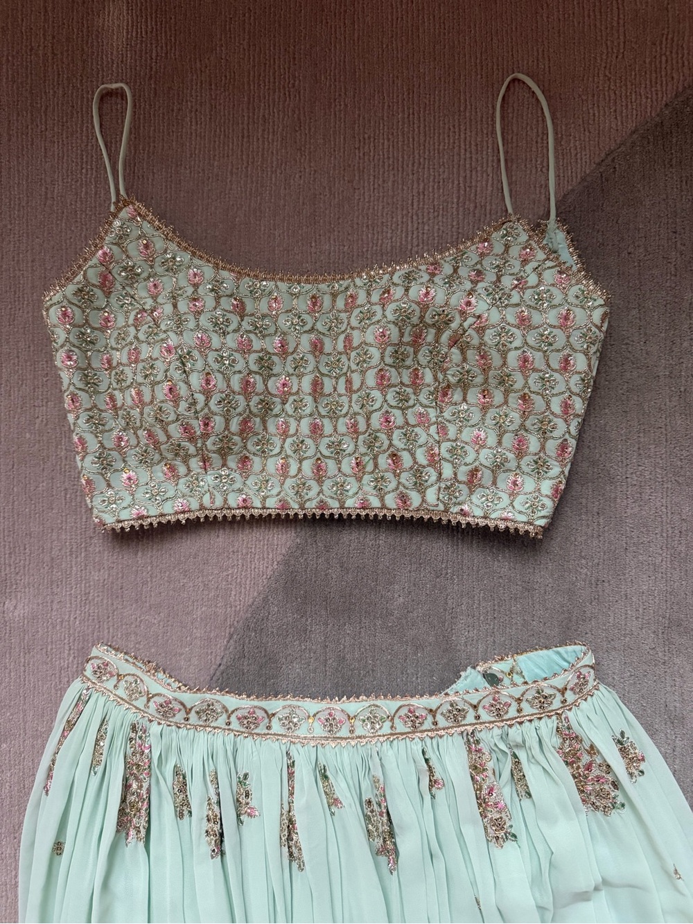 Embroidered Mint and Pink Lehenga Choli